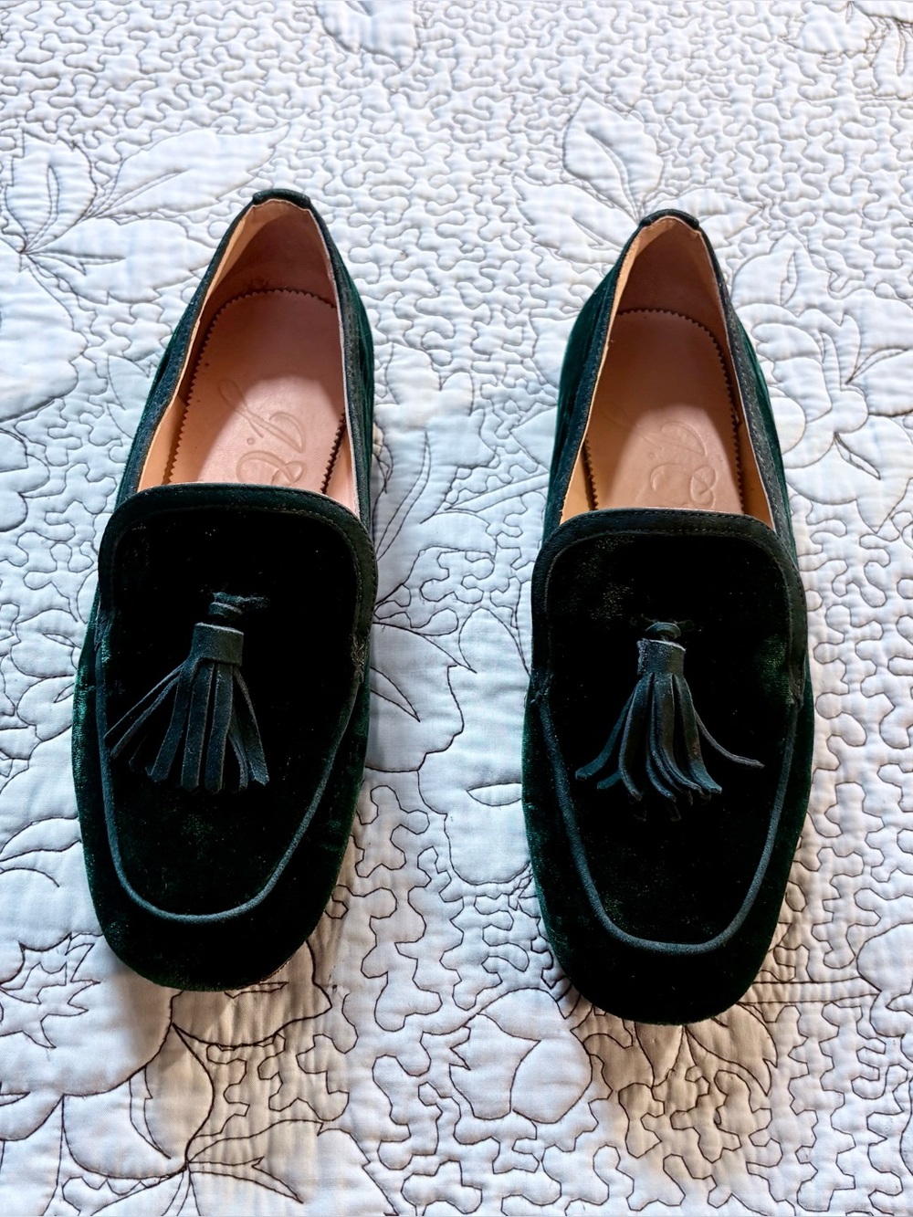 J.Crew Marie Velvet Tassel Loafers Dark Green Slip-On Flats Leather Sole Sz 9🧡 - Picture 2 of 11